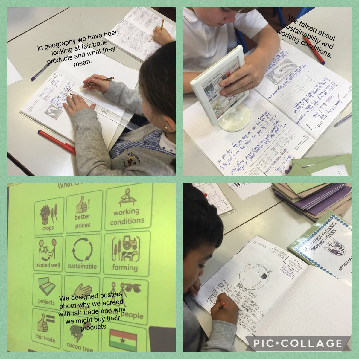 In geography we are looking at Africa and this week we looked at fair trade. @FairtradeUK We explored fair trade products and why they are good. We made posters about fair trade, sustainability and work conditions. #geography #fairtrade