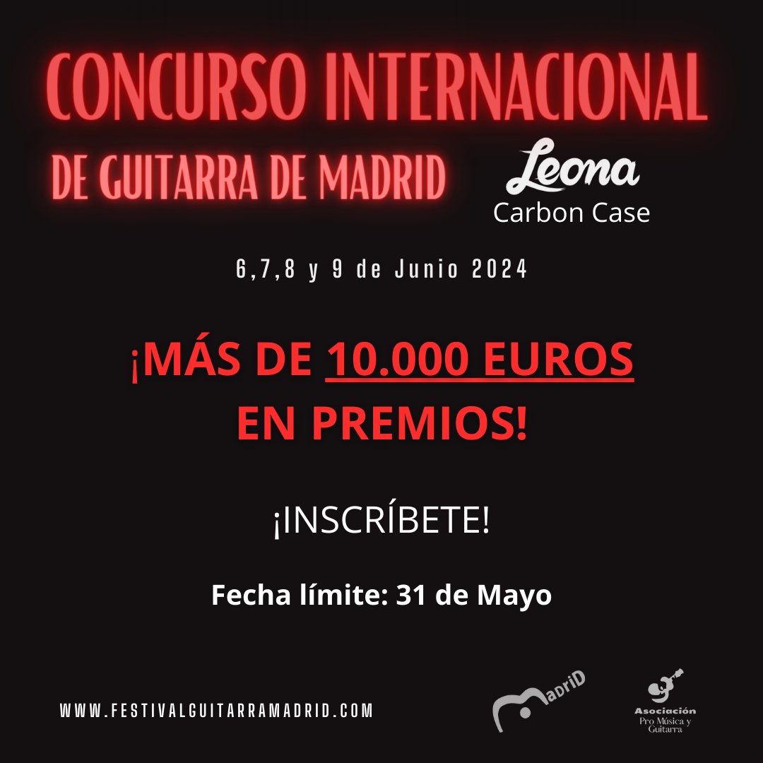 🔔📢 ¡Tan sólo quedan unos días para inscribirse en el Concurso Internacional de Guitarra de Madrid! 🏃 Más de 10.000 euros en premios que incluyen conciertos, accesorios, guitarras y mucho más 👀 Toda la info en nuestra web 👇 festivalguitarramadrid.com/figuim-concurs…