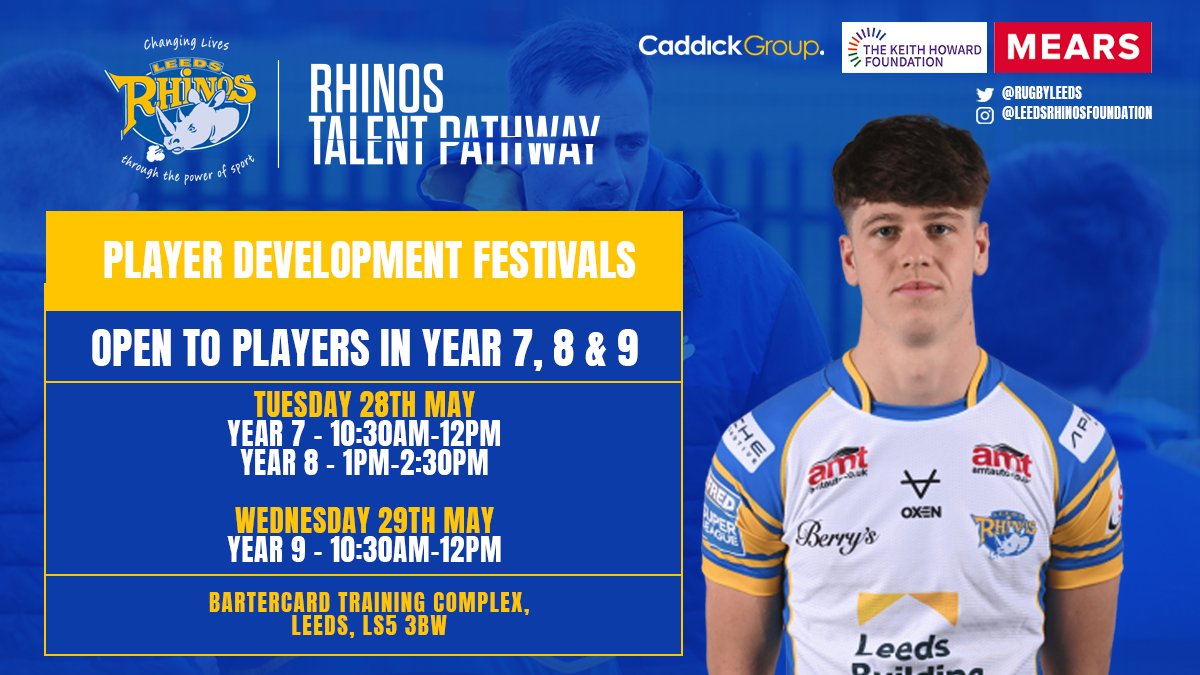 We have 2️⃣ Player Development Festivals coming up this May Half Term, for boys in Years 7, 8 & 9🏉 📍 Bartercard Training Complex 📅Tues 28th May ⏰Y7 - 10:30-12 | Y8 - 1-2:30 📅Weds 29th May ⏰Y9 - 10:30-12 Places are filling up fast, secure yours 👉 bit.ly/3WnORgd