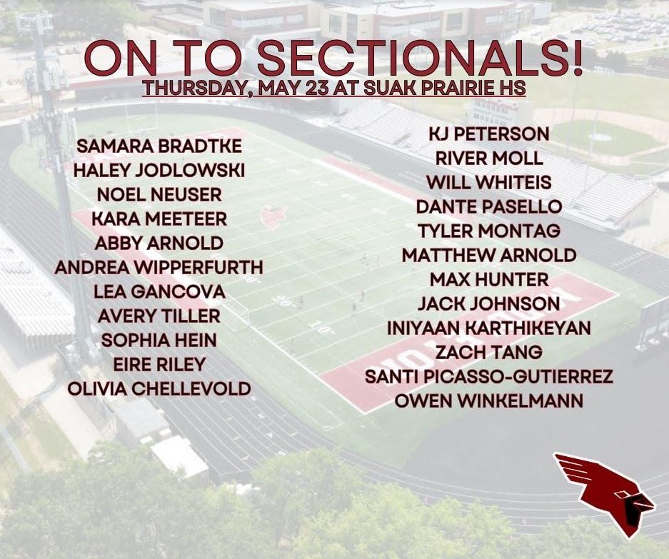 Middleton Track and Field is excited to announce that we have 23 athletes in 16 events moving on to the WIAA D1 Sectional at Sauk Prairie on Thursday, May 23. Go Cards!!!