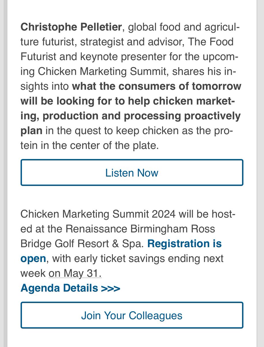 Wahoo! Chicken Marketing Summit! How can we get people to eat more slaughtered chickens? Remember, its not consumers who drive demand for slaughter-based protein, its the slaughter industry. And taxpayers pay these corporate executives whether we purchase their products or not.