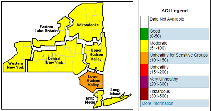 DEC and @HealthNYGov have issued an #AirQuality Health Advisory for Ozone today, May 22nd, for the Lower Hudson Valley region. ➡️ Air quality forecast: extapps.dec.ny.gov/cfmx/extapps/a… ☎️ Air Quality Hotline: 1-800-535-1345