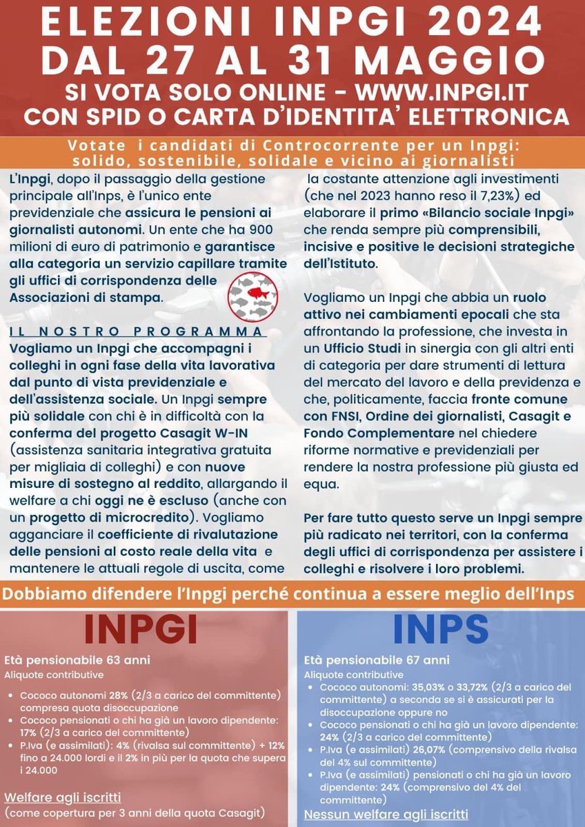 Controcorr's tweet image. 🔴Elezioni Inpgi 2024
🔴Dal 27 al 31 maggio 2024 si vota 
🔴inpgi.it 

Nel Lazio sarà possibile esprimere sei preferenze, ecco i nostri candidati:
Massimo MARCIANO
Beatrice CURCI
Daniela MOLINA
Maurizio PIZZUTO
Andrea RUSTICHELLI
Marina TESTA
Il nostro programma:
