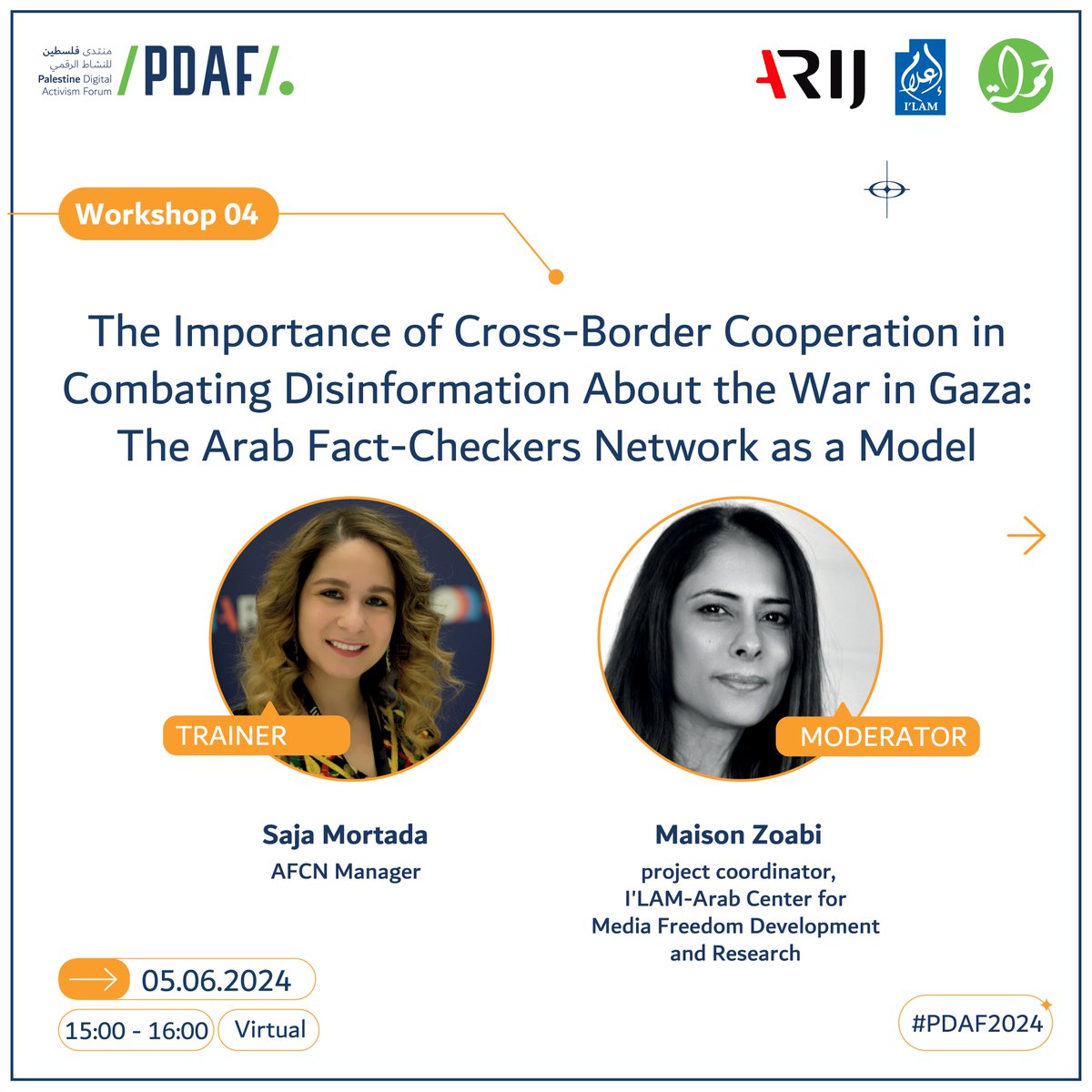 💻On the second day of PDAF 2024, join us for “The Importance of Cross-Border Cooperation in Combating Disinformation About the War in Gaza: The Arab Fact-Checkers Network as a Model” 📌Reserve your seat: cutt.ly/KetgRXdS #PDAF2024 @ARIJNetwork @Zoabi1Zoabi @MortadaSaja