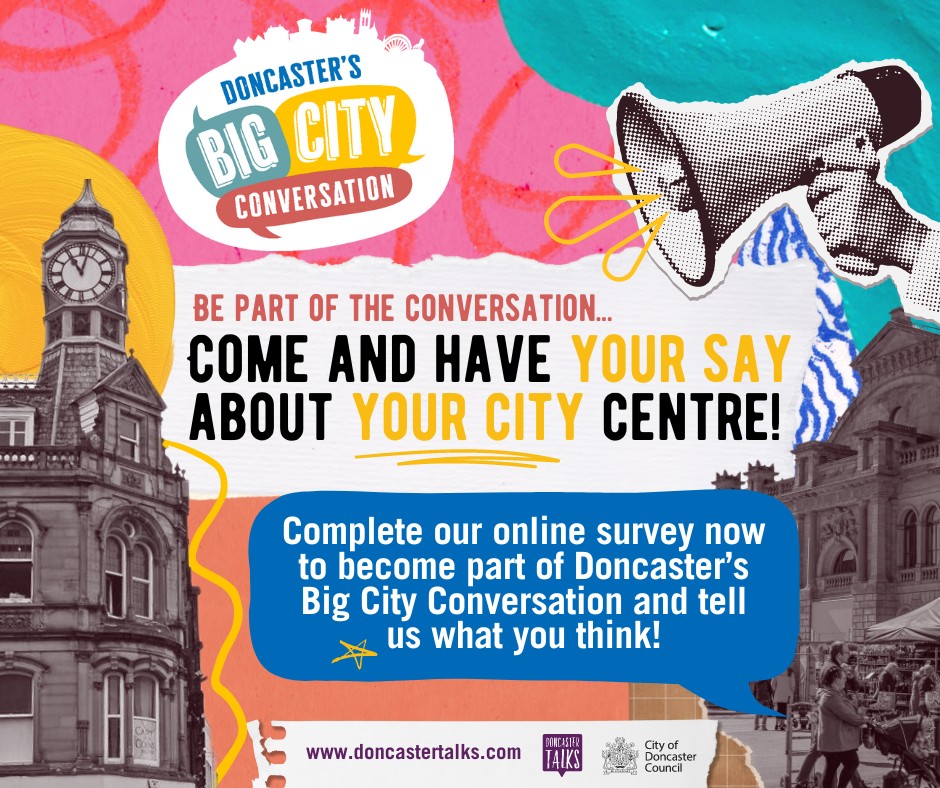 Take part in Doncaster’s Big City Conversation📣 Doncaster residents are being asked to share their opinions on the future of the city centre. @BusinessinDN are encouraging local businesses to get involved and give their views. Find here: bit.ly/3UK1qAe