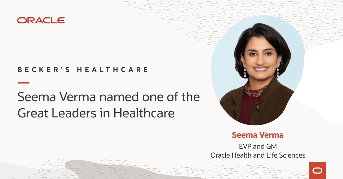 Congratulations to @OracleHealth and Life Sciences EVP and GM @HealthcareSeema for being named one of the Great Leaders in Healthcare by @BeckersHR! 

Read more about Seema’s work to help streamline operations and unleash innovation for Oracle customers. social.ora.cl/6013dL6xF