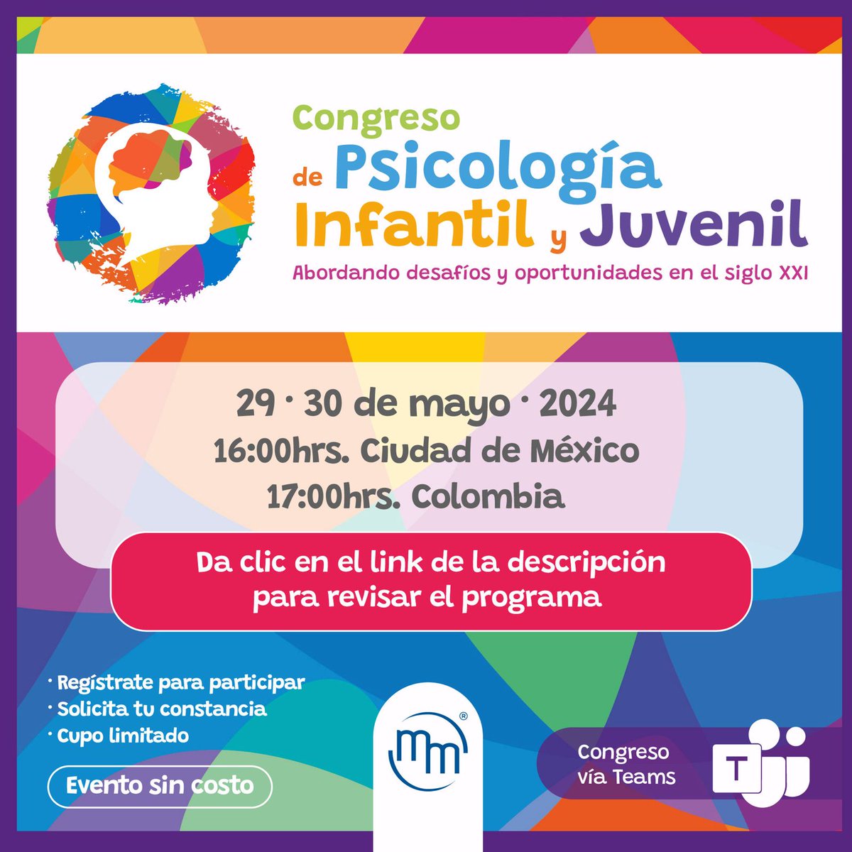 manualmodernoco's tweet image. Siempre impulsando avances y compartiendo conocimiento. 📖 ¡Con gran emoción los invitamos al Congreso Virtual de Psicología Infantil y Juvenil! el 29 y 30 de mayo. 

Regístrense para unirse vía Meet en bit.ly/3UKqR4n

¡Nos vemos en el Congreso!