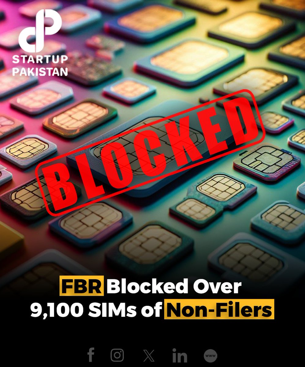 PakStartup's tweet photo. Telecom companies, on the recommendation of the Federal Board of Revenue (FBR), have blocked over 9,100 SIM cards of non-tax filers. 

#Telecom #FBR #NonTaxFilers #SIMCardBlock #TaxCompliance #WithholdingTax #Pakistan #PTA #Telecommunication https://t.co/zUEjZfJoBN