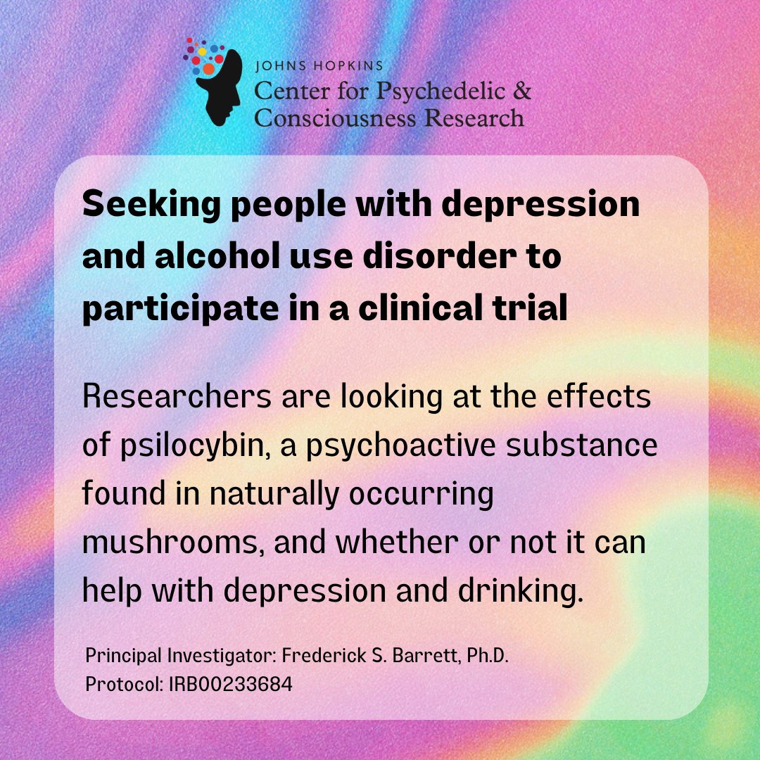 Johns Hopkins Depression and Alcohol Use Study Seeking Research Participants

We are seeking individuals with depression and alcohol use disorder to participate in a research study looking at the effects of psilocybin, a psychoactive substance found in naturally occurring