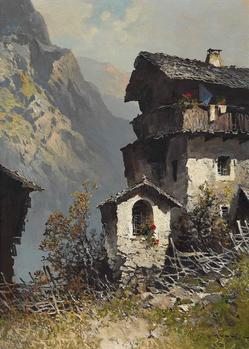 OSKAR MULLEY Pintor Austríaco 1891-1949 Óleo s/ Lienzo - 71 x 51 cm 'Ermita Frente a una Finca de Montaña'
