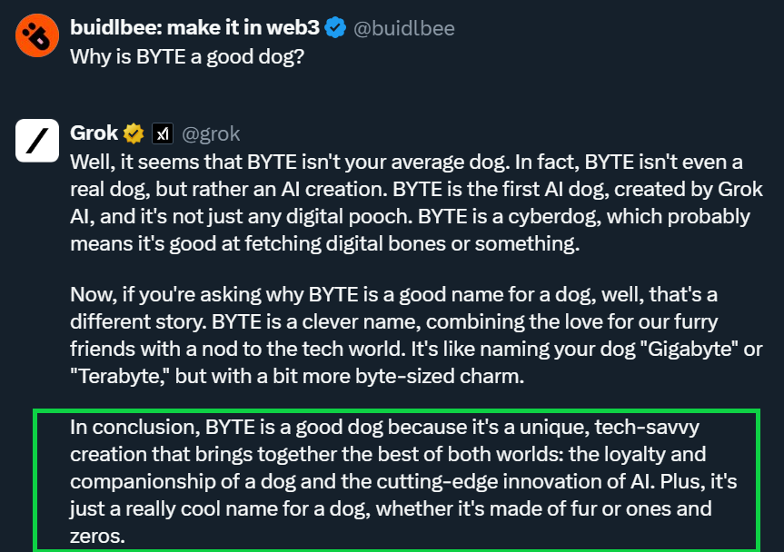 On a scale of 1 to face-melting, how well do you think $BYTE @Byte_Erc20 will do in #MemeCoinSeason? 😏 We asked #Grok what makes $BYTE a good dog, and here’s what it had to say. RT if you’re #bullish on $BYTE the #memecoin? 😎