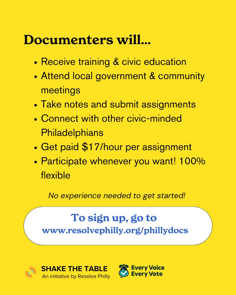 Hey Philadelphians! 🎉 We're excited to remind you that our @PHLDocumenters program with @city_bureau is up and running in #Philly. This program is for individuals 18+ who want to document local public meetings and make a difference! 📝