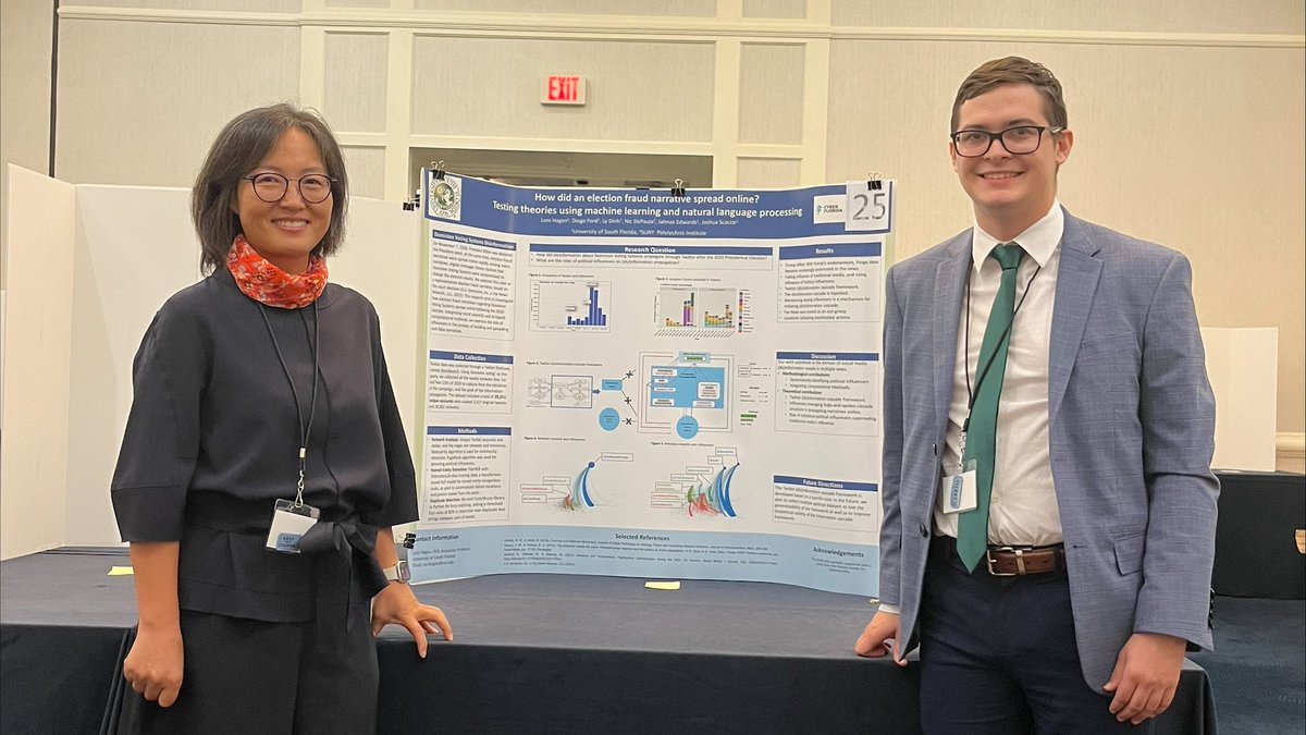 Loni Hagen (@lonihagen) on Twitter photo "How did an election fraud narrative spread online? Testing theories using machine learning and natural language processing" won the best poster award at Flairs conference! <a href="/USFResearch/">USF Research</a> <a href="/USFSI/">USF School of Information | iSchool</a> <a href="/USouthFlorida/">University of South Florida</a> <a href="/CyberSecurityFL/">Cyber Florida</a> <a href="/DGSociety/">Digital Government Society</a>
journals.flvc.org/FLAIRS/article… "How did an election fraud narrative spread online? Testing theories using machine learning and natural language processing" won the best poster award at Flairs conference! <a href="/USFResearch/">USF Research</a> <a href="/USFSI/">USF School of Information | iSchool</a> <a href="/USouthFlorida/">University of South Florida</a> <a href="/CyberSecurityFL/">Cyber Florida</a> <a href="/DGSociety/">Digital Government Society</a>
journals.flvc.org/FLAIRS/article…