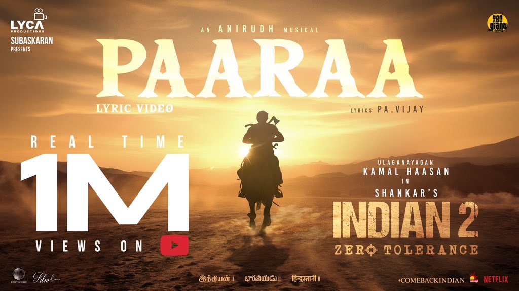 Anticipation is soaring high! 🤩 1st single #PAARAA from INDIAN-2 has crossed 1 MILLION real time views on YouTube! 🥁💥 ▶️ youtu.be/s4MvQWsEAs8 Rockstar @anirudhofficial musical 🎹 Lyrics @poetpaavijay ✍🏻 Vocals @anirudhofficial #ShruthikaSamudhrala 🎙️ #Indian2 🇮🇳