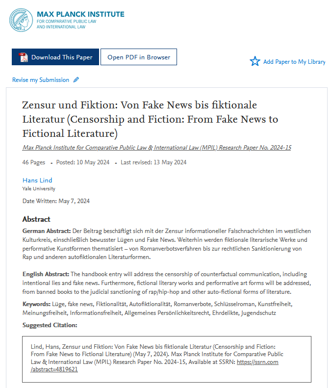 In #Mpil Research Paper Series Nr 2024-15 Hans Lind addresses the #censorship of #counterfactualcommunication, including intentional lies and #fakenews 👉is.gd/YqRUEM #comparativelaw #Kunstfreiheit #Informationsfreiheit #Meinungsfreiheit #Fiktionalität