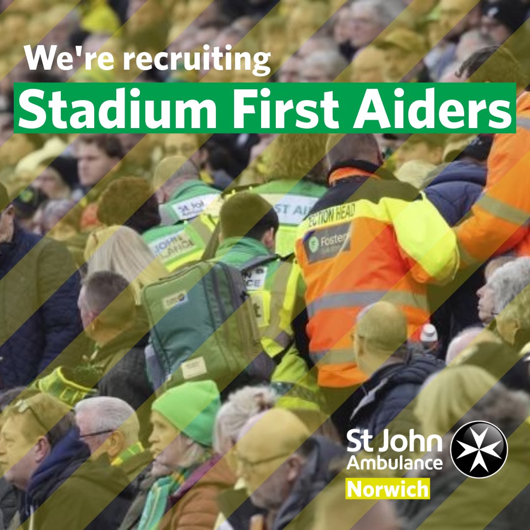 NorwichSJA's tweet photo. We’re recruiting new #volunteer first aiders to support @NorwichCityFC next season 🟢🟡

If you are interested email NorwichCity@sja.org.uk before Thursday 6th June to book onto a recruitment day on Sunday 9th June. https://t.co/M0qBald64w