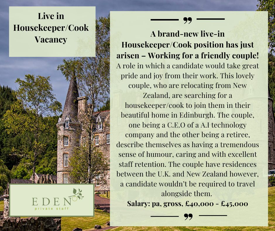 A brand-new live-in Housekeeper/Cook position has just arisen – Working for a friendly couple! edenprivatestaff.com/job/live-in-ho… #housekeeper #cook #nannyagency
