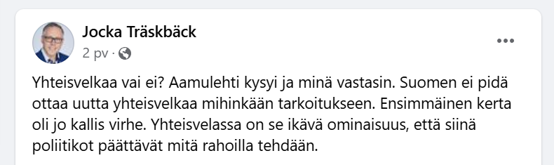 ESalminen4's tweet photo. Pääministeri Orpo ja Kokoomus kannattaa yhteisvelkaa, jos se käytetään Ukrainan aseisiin

#Lempäälä Kokoomus Träskbäck ei hyväksy yhteisvelkaa, edes Ukrainan hyväksi.

Tälläiset populistit pelaa peliään Venäjän hyväksi https://t.co/bn4B5Xseup