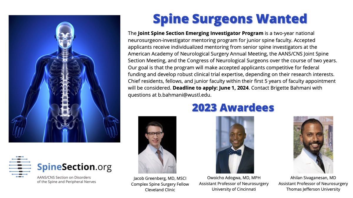 AANS/CNS Spine Section (@spinesection) on Twitter photo 🚨 Calling all junior spine surgeons! 🚨 Apply for the Joint Spine Section Emerging Investigator Program for personalized mentoring from top spine experts. Deadline: June 1, 2024. Contact: b.bahmani@wustl.edu <a href="/CheeragU/">Cheerag Upadhyaya, MD, MBA, MSc, FAANS, FACS</a> <a href="/thejuansuribe/">Juan S. Uribe. MD, FAANS</a> <a href="/AANSNeuro/">AANS</a> <a href="/CNS_Update/">CNS</a> 🚨 Calling all junior spine surgeons! 🚨 Apply for the Joint Spine Section Emerging Investigator Program for personalized mentoring from top spine experts. Deadline: June 1, 2024. Contact: b.bahmani@wustl.edu <a href="/CheeragU/">Cheerag Upadhyaya, MD, MBA, MSc, FAANS, FACS</a> <a href="/thejuansuribe/">Juan S. Uribe. MD, FAANS</a> <a href="/AANSNeuro/">AANS</a> <a href="/CNS_Update/">CNS</a>
