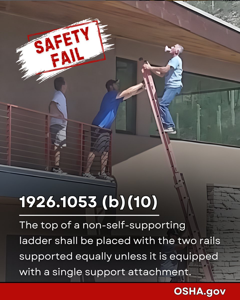 🪜 Another 'fail' we saw on Instagram... talk about a shaky base. Ladder safety means always securing your ladder. Check out this OSHA fact sheet on safe use of extension ladders for work at heights. ⤵️ osha.gov/sites/default/… #OSHAIsThisOkay