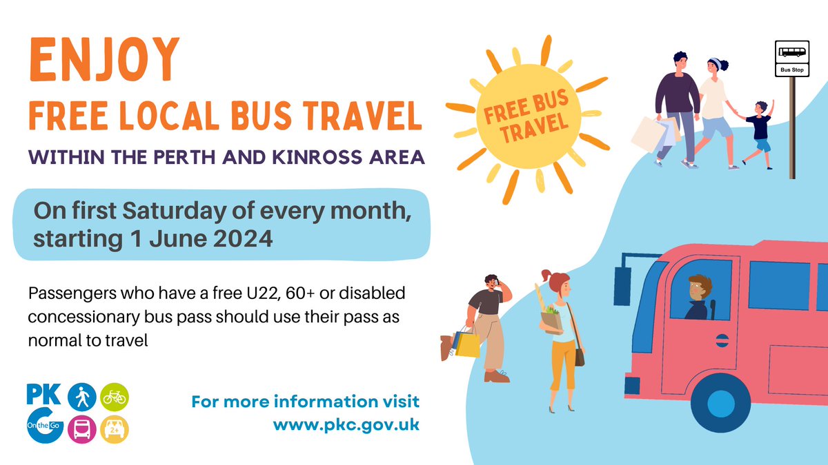 Perth and Kinross residents, shoppers and visitors can enjoy free bus travel on the first Saturday of every month starting on 1 June 2024.

Read more at pkc.gov.uk/article/24015/…