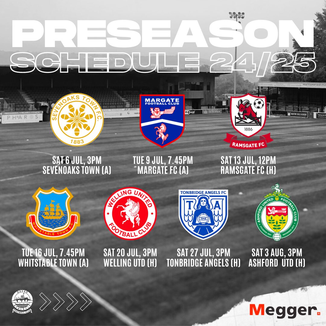 📆 𝗪𝗛𝗜𝗧𝗘𝗦 𝗣𝗥𝗘𝗦𝗘𝗔𝗦𝗢𝗡 𝗦𝗖𝗛𝗘𝗗𝗨𝗟𝗘

We head to Sevenoaks and Margate, before hosting Ramsgate at Crabble, then on the road again to Whitstable.

We then welcome Welling, Tonbridge Angels and Ashford to the Megger Community Stadium before the start of the 24/25
