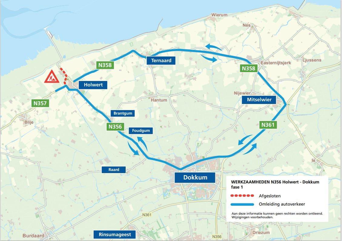 Van maandag 27 mei werkt de provincie zes weken aan de N356 tussen Holwert en Dokkum. Deze werkzaamheden vinden zowel overdag als 's nachts plaats en leiden tot verkeershinder. Houdt u hier rekening mee in uw planning? Alle informatie vindt u via: fryslan.frl/n356holwertdok…