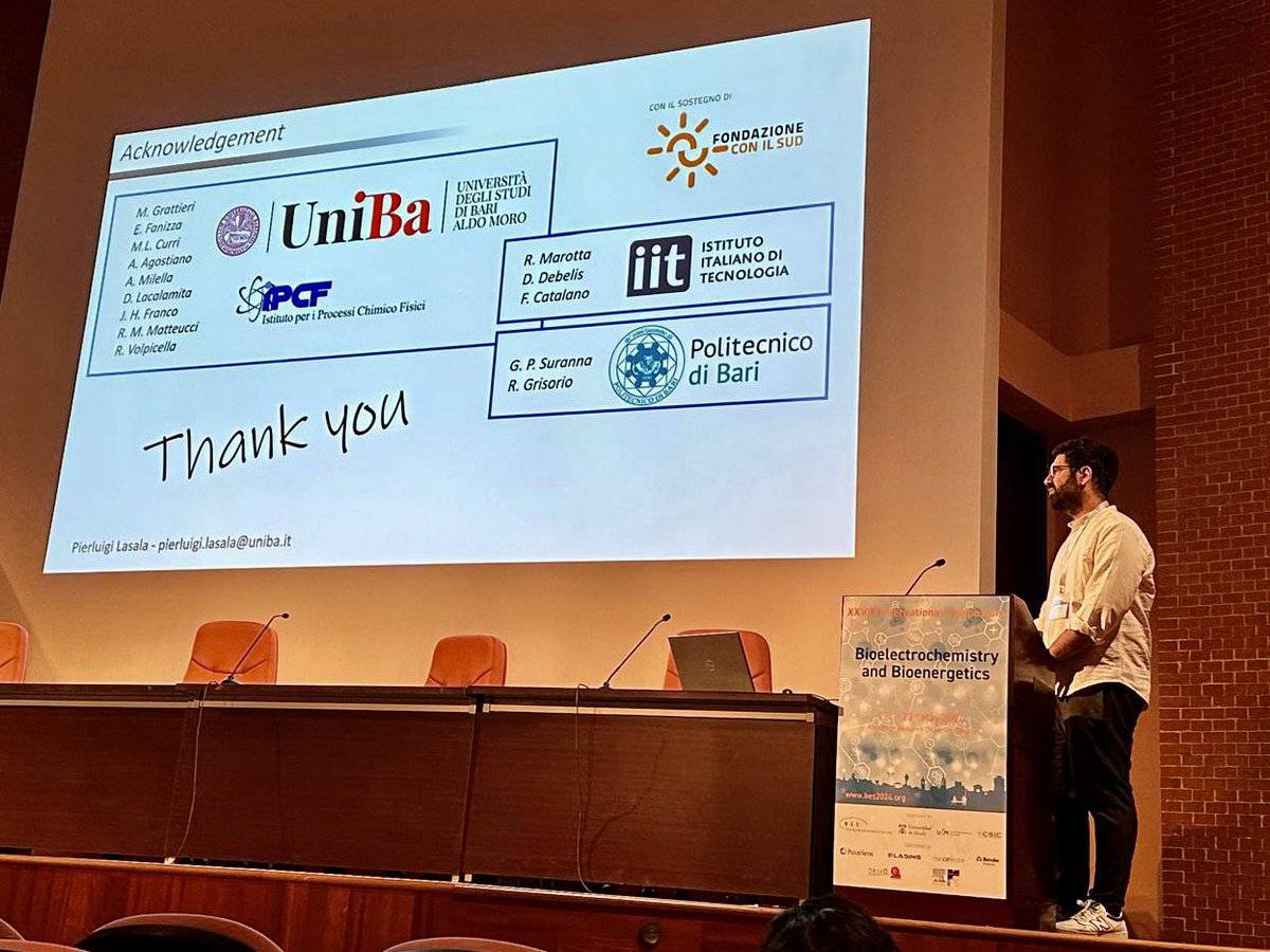 Congrats to Pier  <a href="/PierluigiLasala/">Pierluigi Lasala</a> that presented his work on gold nanoparticles-modified bacteria 🧫 for biophotoanodes at #BES2024 conference <a href="/BES2024S/">BES2024_symposium</a> <a href="/ConilSud/">Fondazione CON IL SUD</a>