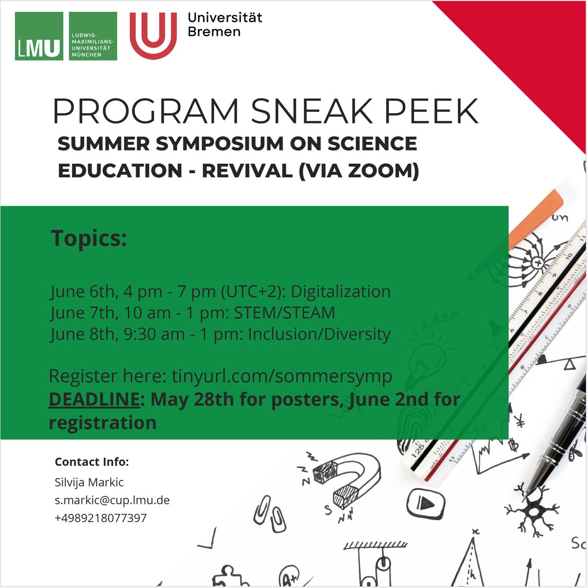 MarkicSilvija's tweet photo. another two weeks to wait for our summer symposium on #scienceeducation. Please check the deadlines for the poster registration and registration as a participants. Happy to see you soon 💃💃
#digitalisation #inclusion #diversity #STEM @ESERA_org @GDCP_eV https://t.co/wQL8YuO9bc