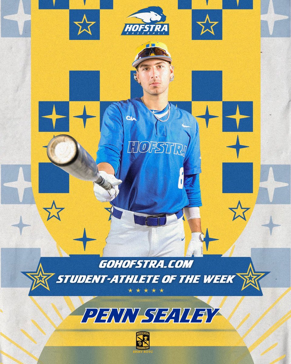 𝓟𝓮𝓷𝓷 𝓢𝓮𝓪𝓵𝓮𝔂 <a href="/HofstraBaseball/">Hofstra Baseball</a> is this week’s 𝗚𝗼𝗛𝗼𝗳𝘀𝘁𝗿𝗮.𝗰𝗼𝗺 𝕊𝕥𝕦𝕕𝕖𝕟𝕥-𝔸𝕥𝕙𝕝𝕖𝕥𝕖 𝕠𝕗 𝕥𝕙𝕖 𝕎𝕖𝕖𝕜, presented by <a href="/ArmyROTC/">Army ROTC</a> ‼️

Sealey batted .545 in three starts with a home run, three doubles, and three RBIs. Had multiple hits in all three games