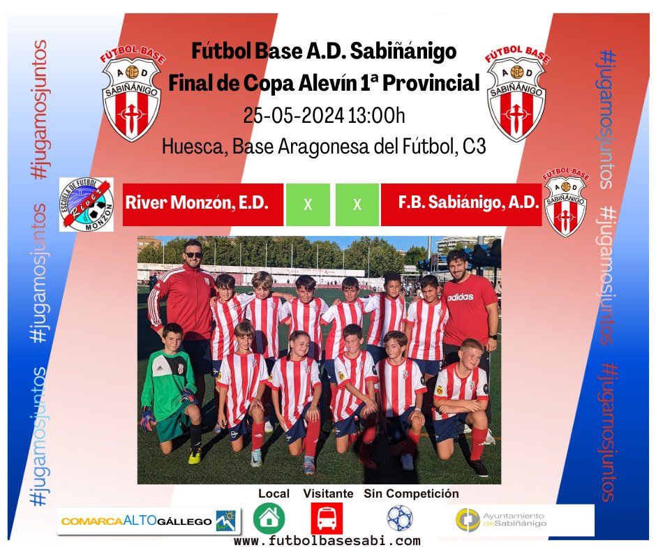 El sábado,  a las 13:00h el Alevín A del #FBS juega la Final de Copa de 1ª Provincial contra el <a href="/RiverMonzon/">Escuela River Monzon</a> en la Base Aragonesa de Fútbol de la <a href="/FundAlcoraz/">Fundación Alcoraz</a>.
Os deseamos mucha suerte y que disfrutéis del partido.
¡Aúpa el Sabi!