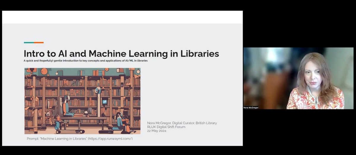 Thanks to Nora McGregor @ndalyrose @britishlibrary for providing #RLUKDSF with an excellent introduction to #AI and machine learning concepts and applications for the library. 📺You can watch a recording of this event at bit.ly/DSFonD