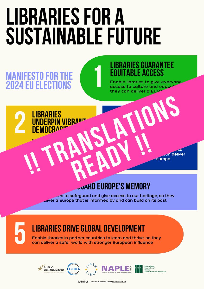 LIBEReurope's tweet photo. 👏  The recently released manifesto authored by European library associations ahead of #EUelections2024 is available in many languages! 🙏 Thank you to all translators. Access the manifesto https://t.co/dEBGwoOUN8
#PL2030 #EBLIDA #LIBER #NAPLEforum #IFLA

https://t.co/sKvlaMd5sZ https://t.co/3gqqjKL9fS