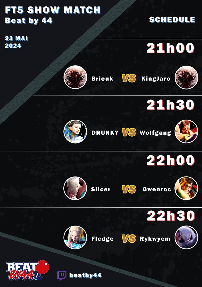 Pour débuter  la saison 2 de #SF6 nous vous proposons des showmatchs en FT5.

 Feat <a href="/Brieuk_R/">Yourself | BB44</a> <a href="/king_jaro/">jaro ➡️ Nantarena25</a> <a href="/DRUNKENlei/">BB44 | DRUNKENlei</a> <a href="/Wolfgang7505/">Wolfgang</a> <a href="/Slicer_FGC/">Slicer</a> <a href="/GwenRoc/">Gwen Roc</a> @Fledge4tw <a href="/Rykwyem/">Tomatl | 🧟‍♀️</a> 

Sur notre chaîne twitch.tv/beatby44 le  23/05 dès de 21h00 avec <a href="/Doudou_Dono/">Doudou</a> au 🎙️

Art by <a href="/Hisaeki/">久栄 | Hisae</a>