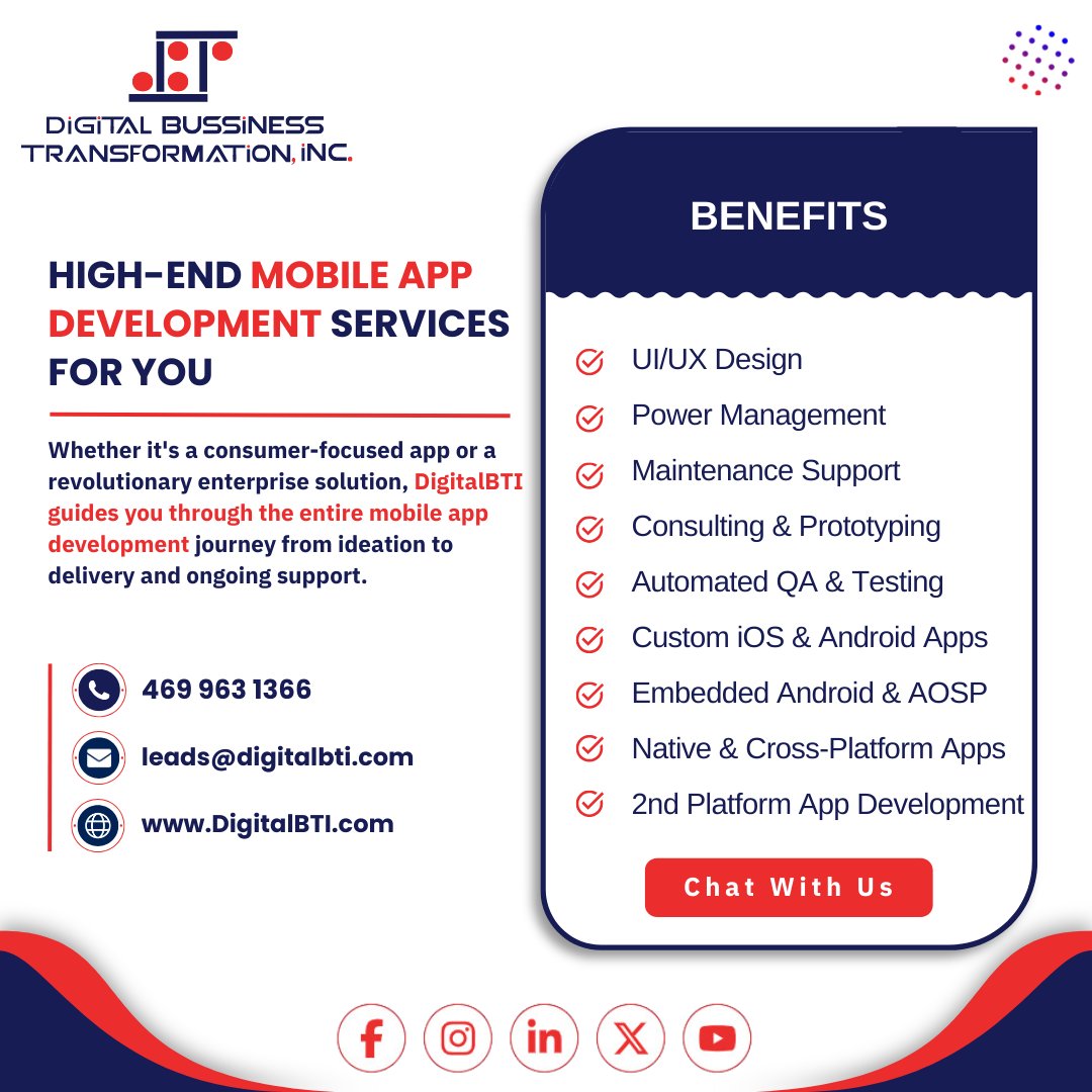 Unlock the power of high-end mobile app development with DigitalBTI! Contact us today! 📱💼 

#DigitalBTI #MobileAppDevelopment #EnterpriseSolutions #TechInnovation #BusinessSuccess #Ideation #Delivery #ContactUs #TechSupport #AppDevelopment