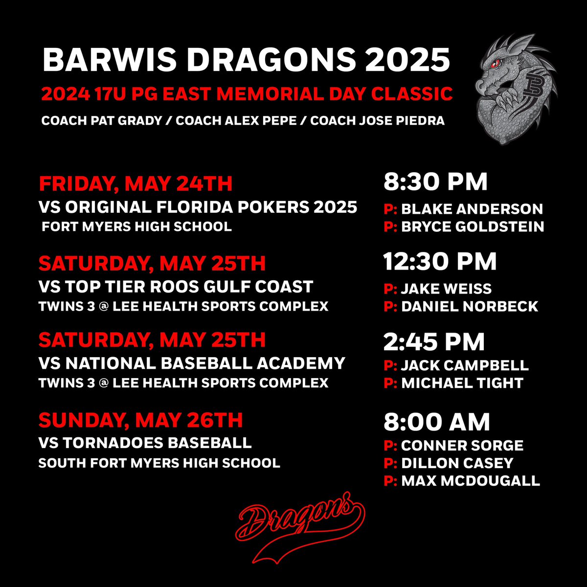 All our boys had great HS seasons and are ready to jump into summer ball.  Here is our schedule and pitching rotation for this weekend 💪
<a href="/Florida_PG/">Perfect Game Florida</a> 
<a href="/PG_Tourney/">Perfect Game Tournaments</a>