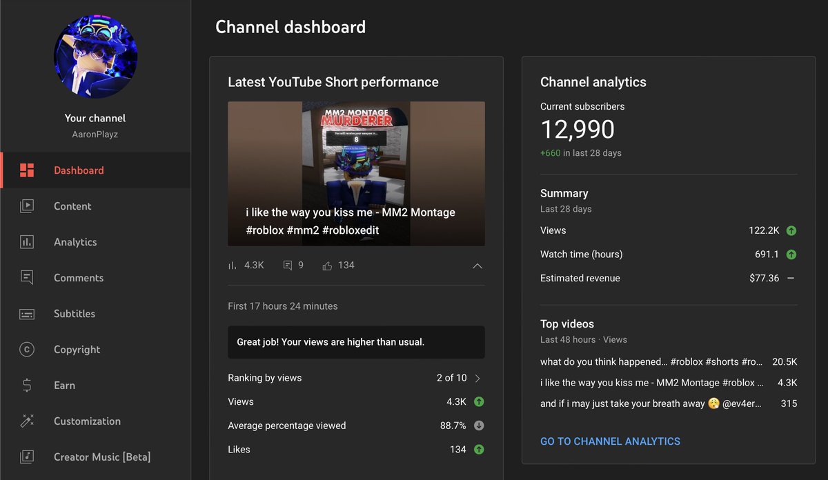 I've officially ALIVED my YouTube channel. (for fun)

Subscriber Difference:
12,361 (May 10th) -> 12,989 (May 22nd)

100,000+ views, 500+ subs, in under a week.

10 SUBS AWAY FROM 13K!!