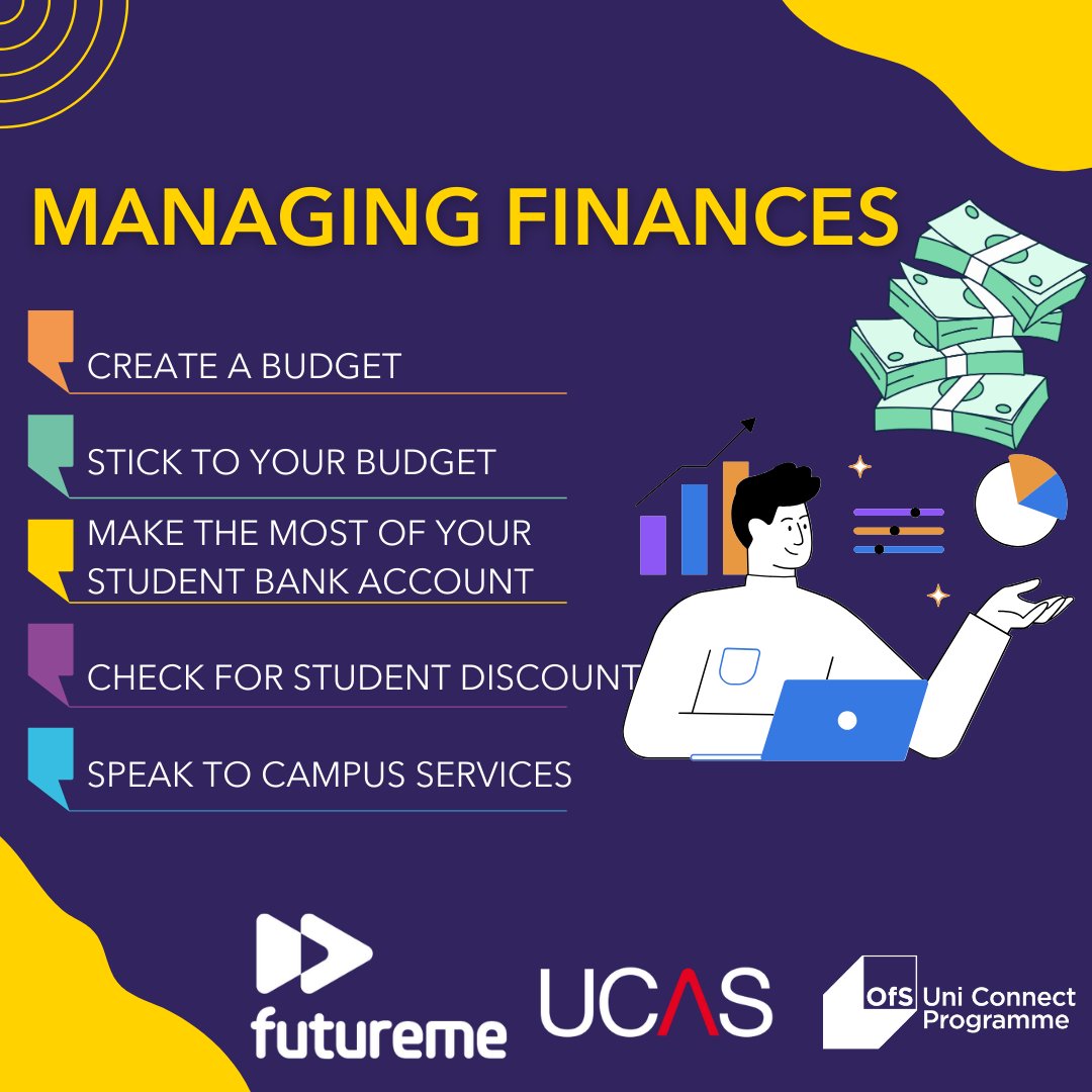 Looking for budgeting tips and information about student finance? Visit the UCAS website to access the guidance available on student budgeting especially useful for students settling into student life and managing your money for the first time. Read more- ucas.com/money-and-stud…