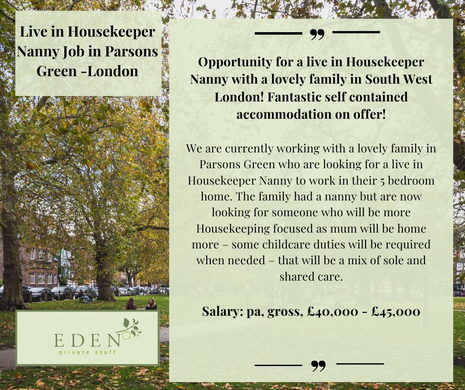 Live Housekeeper Job in Parsons Green SW London - Apply Now! edenprivatestaff.com/job/live-in-ho… #findahousekeeper #housekeeping #housekeepingagency #nannyagency #housekeepingjobs #housekeeper