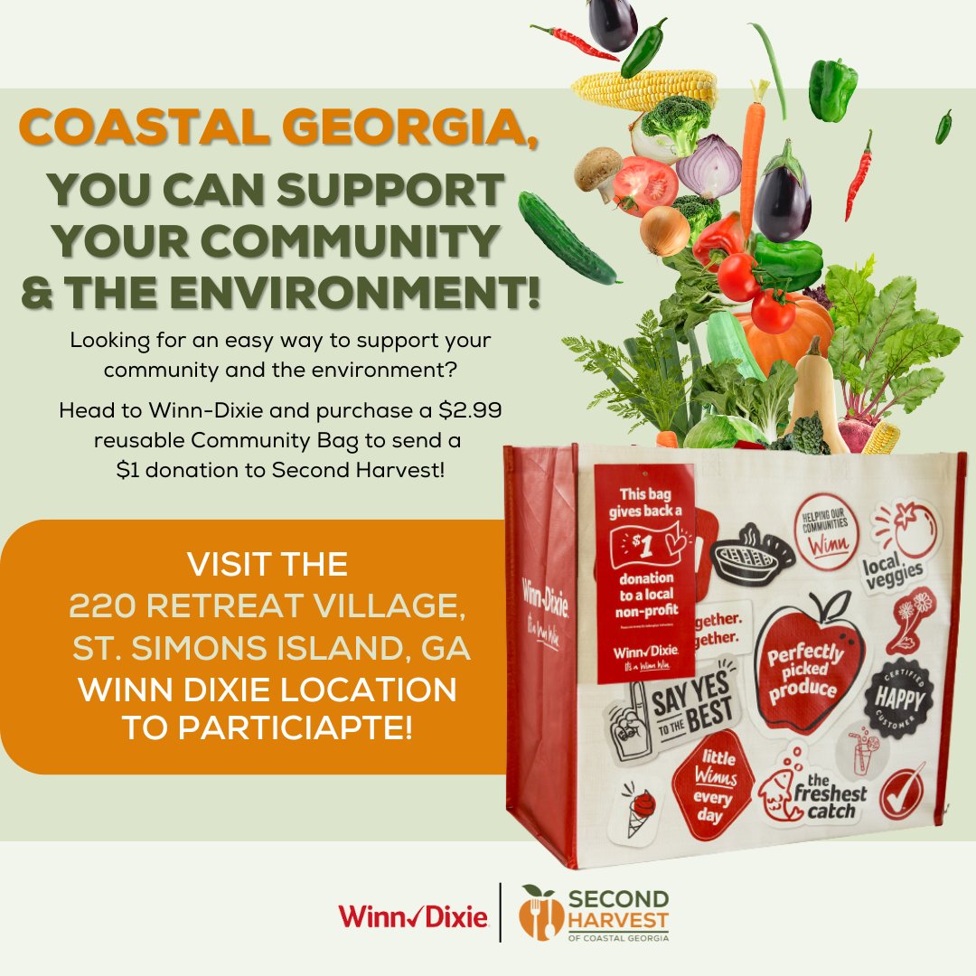 📌 St. Simons and Brunswick friends - don't forget to stop by Winn-Dixie (located at 220 Retreat Village, St. Simons Island GA) to purchase your Community Bag before the month is over!

#HelpEndHunger #CommunityBags #CoastalGeorgia #WinnDixie