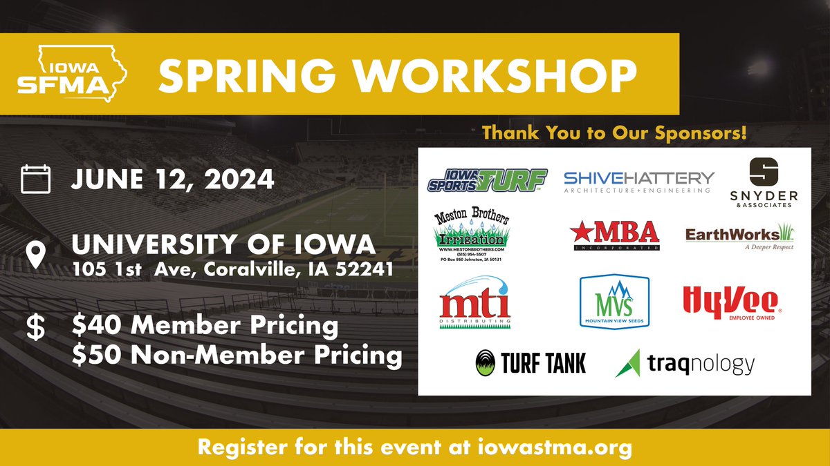 Come join us for this year's Iowa SFMA Spring Workshop at the University of Iowa!  We have a lot of great things planned for this event and would hate for you to miss it!! Go to iowastma.org/Workshop-Regis… to sign up today. We hope to see you there!
