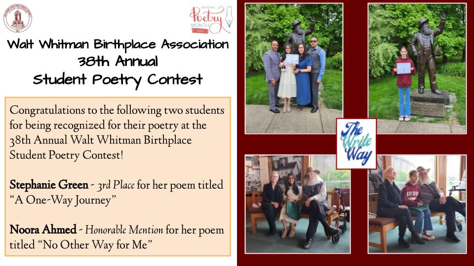 BayShoreSchools's tweet photo. Two students from Bay Shore Middle School, Stephanie Green and Noora Ahmed, were recognized in the 38th Annual Walt Whitman Birthplace Student Poetry Contest. #ItsAShoreThing https://t.co/ra3bFGsFen