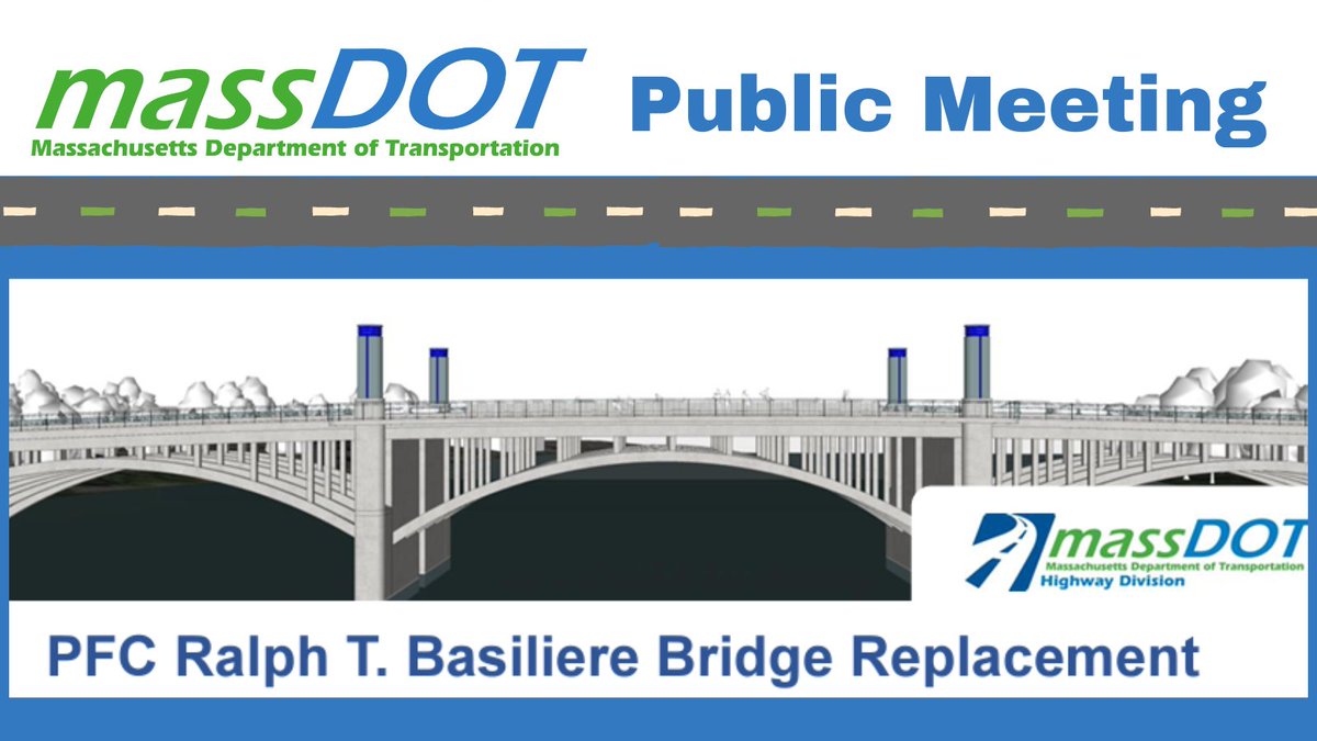 MassDOT's tweet image. On 5/29 at 6:00pm, #MassDOT will hold an in-person design public hearing to present the design for the proposed PFC Ralph T. Basiliere replacement project, Bridge Street (SR 125) over the Merrimack River and the Bradford Rail Trail, in #Haverhill.

ℹ️ mass.gov/event/haverhil…