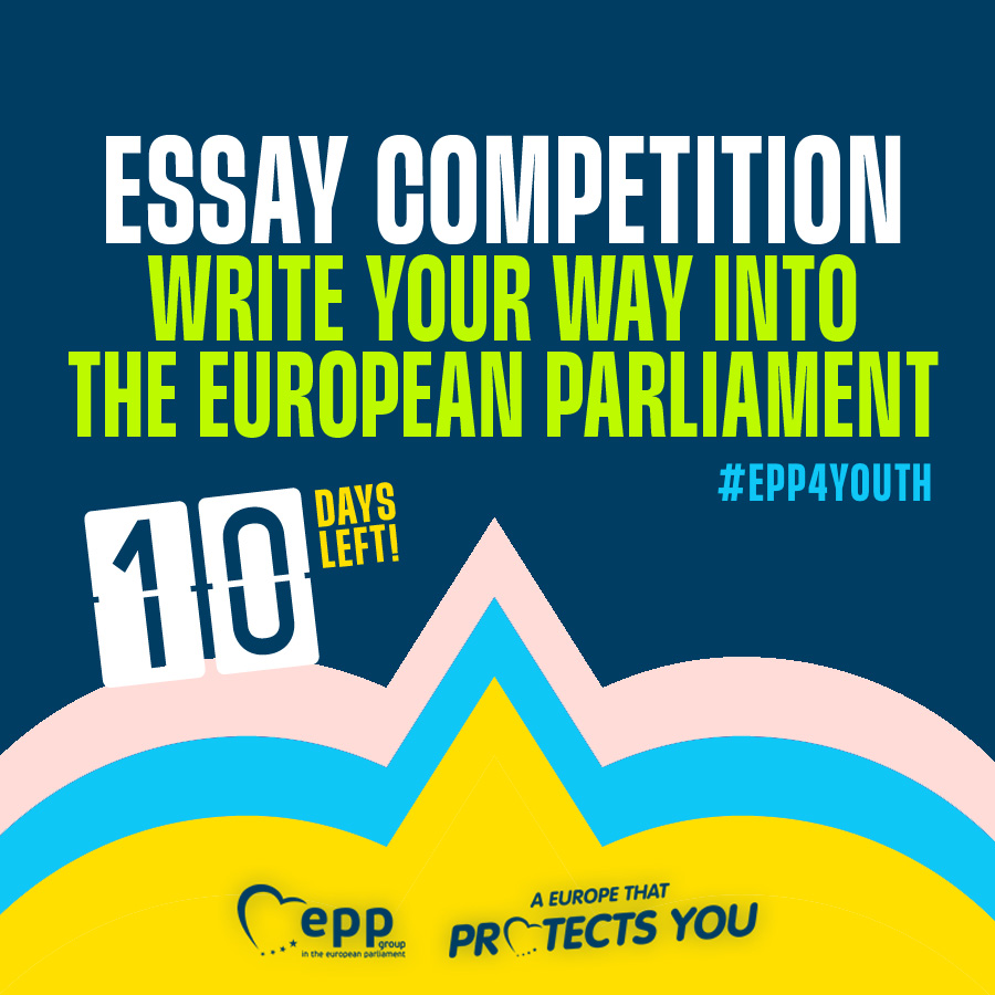 ⏰Time is running out! There are only a few days left to submit your essay. 📌What suggestions do you have for preparing the European Union for its next challenge? Share your ideas with us - maybe we will see you soon at @Europarl_EN! More: epp4youth.eu/essay-competit… #EPP4Youth