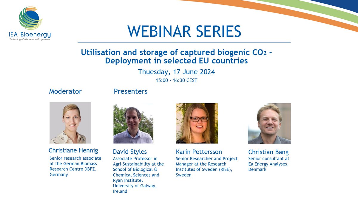 ✏ 🗓 SAVE THE DATE ❗ 👉 On 17 June at 3pm CEST, IEA Bioenergy organises a free webinar on 'Utilisation and storage of captured biogenic CO2 – Deployment in selected EU countries'. Learn more and register🔗 us02web.zoom.us/webinar/regist… @DBFZ_de @RyanInstitute @EAEnergy