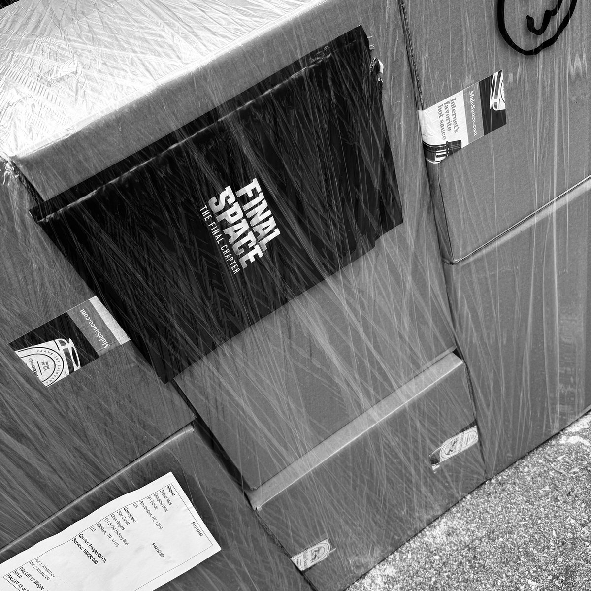 FinalSpace's tweet photo. 30,000 packages (not novels yet, this is for shipping). But 15 pallets the size of Godzilla. It all started getting jolted awake at 8am! I went to bed at 6am 3D printing some Generic things (more on that later) But the fun thing is these arrived an entire week early, yeah! They sent a email on Monday that these would arrive on the 29th.  Can I say it’s unbelievably fun to have adrenaline shot through your veins at Sonic speeds from the thought of all 30,000 of your packages being stolen. As I bolt to my car I have that moment where even though I locked my front door and know I locked it! I believed I didn’t lock it so I leave my running car not knowing that my car was in reverse…oh I know! My chain smoking neighbor, bless his lungs, said “Car!” I see my car going in reverse operated by my last bit of sanity. Thankfully, I was wearing the heavy boots I own to speed through the freshly cut yard and leap into my moving car like Dominic Toretto! I successfully stop it and make my way to the shop. As I run to the back of the shop, I see an ocean of boxes and our employee Karen unloading them. I call Seth immediately, “Hey bud! We need your help!” He was on the way. However, I knew the moment that call ended he would arrive exactly as the last boxes were being offloaded…after two hours my prophecy was correct. Seth carried the last two boxes inside.

I haven’t even told you all the fun I’ve been dealing with Shopify over a year (more on that later)

Seriously! It’s getting closer, still aways off but inch by inch we’re doing it. Onwards!

Im going back to bed. 
-Olan
PRE-ORDER: https://t.co/tQ526rDkOV