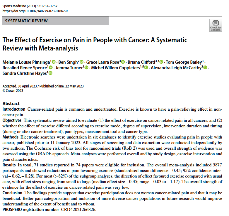 Exercise therapy does not seem to worsen cancer-related pain.

This is good news given that cancer-related pain is one of the most common and debilitating side effects across all cancers.