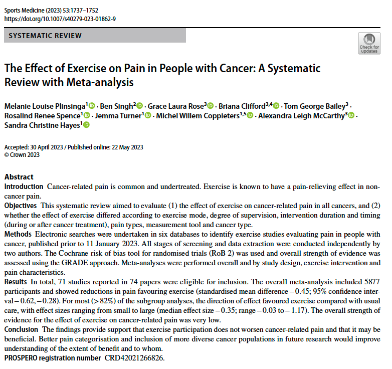 Exercise therapy does not seem to worsen cancer-related pain. This is good news given that cancer-related pain is one of the most common and debilitating side effects across all cancers.