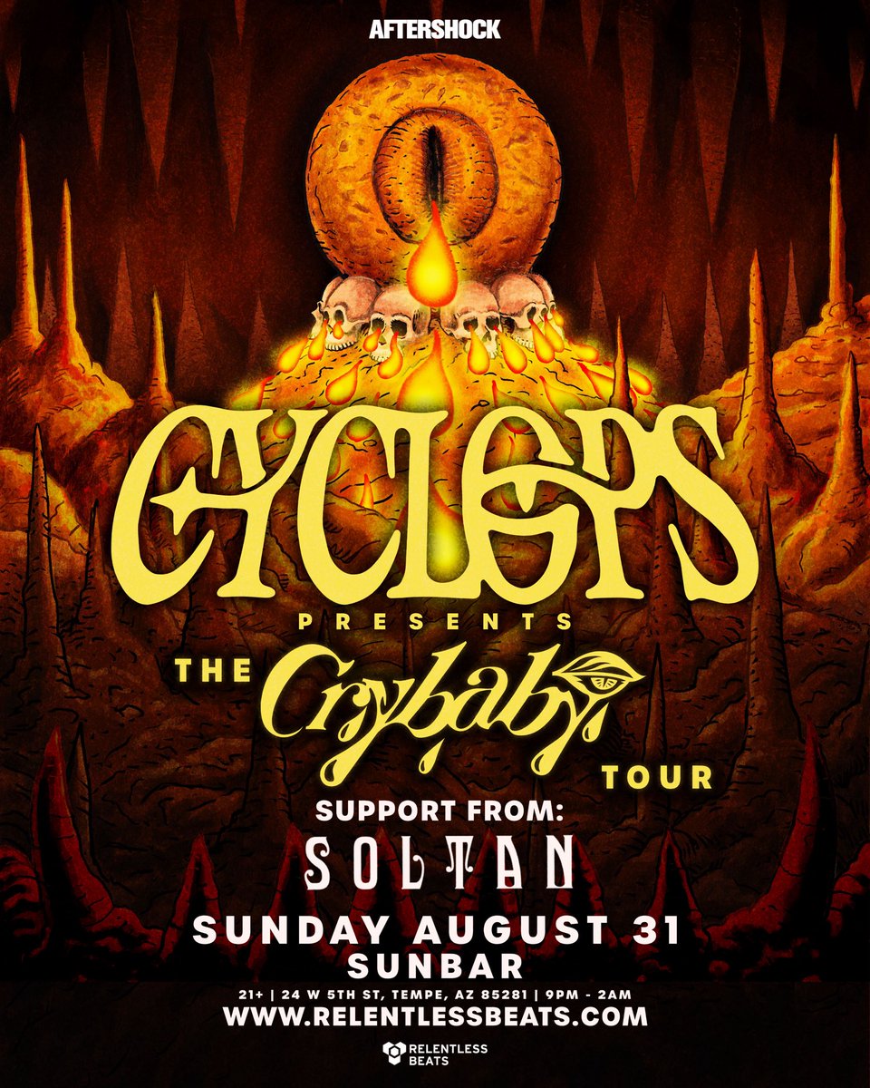 #JustAnnounced- Don’t cry over heavy bass 😈🥛 @thisiscyclops presents The Crybaby Tour at Sunbar on 8.31, ft. support from @Soltansound 👁️🔥 Tickets on sale Friday @ 10 AM PT 🎟️ relentlessbeats.com