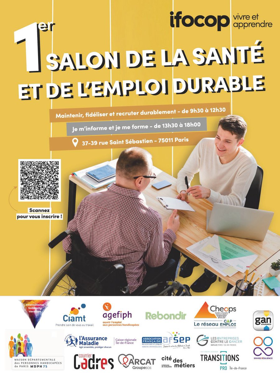 📢 La Cité des métiers participera à la 1ère édition du Salon "Santé &amp; emploi durable" organisé par <a href="/ifocop/">ifocop</a> et ses partenaires 👨‍🦽  ! 

📆 12/06 de 13h30 à 18h
📍 37/39 rue Saint-Sébastien, 75011 Paris 

Infos 👉 buff.ly/3yrz5qW
S'inscrire 👉  buff.ly/4btIpZZ